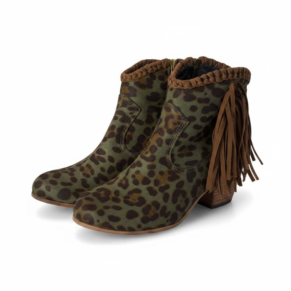 Green and Brown Leopard Print Fringe Ankle Boots with Stacked Heel